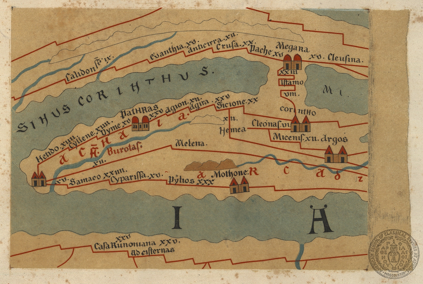 [Peutinger Table: Detail of the Isthmus of Corinth viewed from the Peloponnesus]
